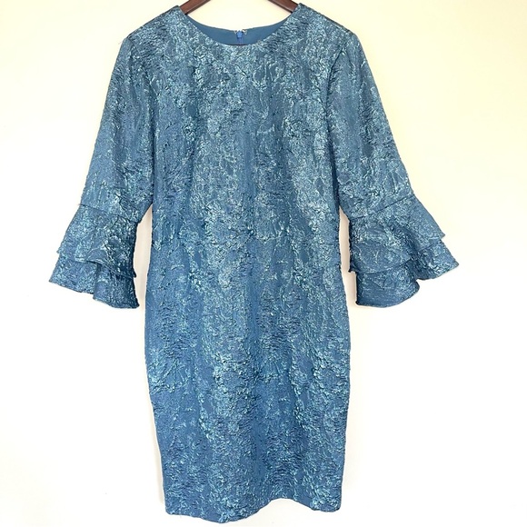 Theia Cloque Bell Sleeve Cocktail Dress 12 French Blue Back Zip Lightweight $695 - Picture 5 of 10